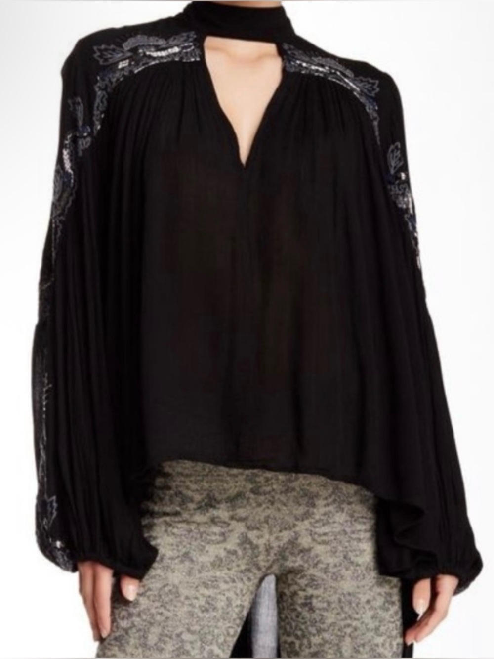 Free People Black Beaded Keyhole High-Neck Peasant Tunic Blouse - Size L